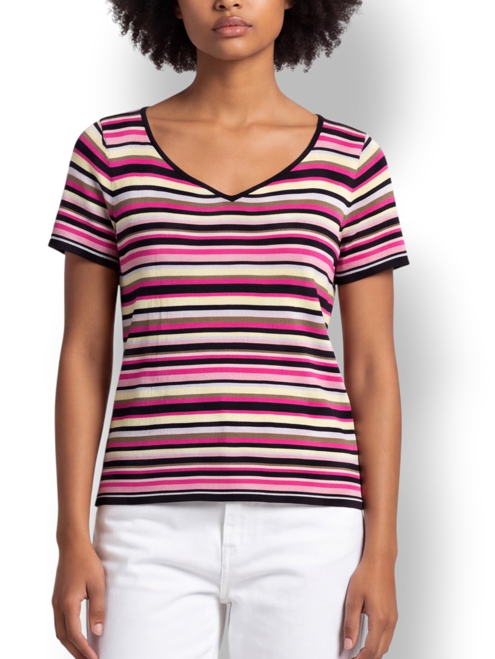 4/$20 August Silk 100% Silk Multicolor Striped Short Sleeve Sweater Large